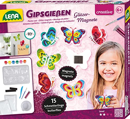 Lena 42707 - Juego de 15 imanes de mariposa con 6 formas de mariposa, yeso, pintura de pintura, pinceles, purpurina y tiras magnéticas, juego de manualidades para niños a partir de años