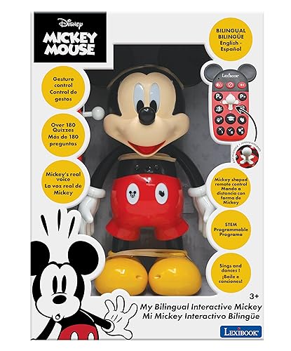 Lexibook - Disney - Robot Mickey Bilingüe - Inglés/Español, 100 cuestionarios educativos, Efectos de luz, Baile, programable, articulado, Negro/Rojo - MCH01i2