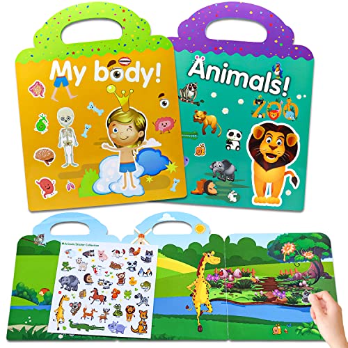 Libro Pegatinas Reutilizables 2 Pack Libro de Pegatinas Infantiles de Cuerpo y Animales, Juguetes Niños 3 4 5 6 Años, Stickers Infantiles, Pegatinas Impermeables PVC, Regalos Niños 3 4 5 6 Años