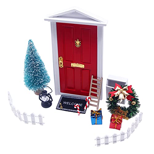 LICHENGTAI Juego de Puerta de Navidad en Miniatura, Puerta de Elfo Árbol de Navidad, Accesorios Casa De Miniaturas Muñecas Navidad, Escalera Felpudo Escoba, Mini Decoración Navidad