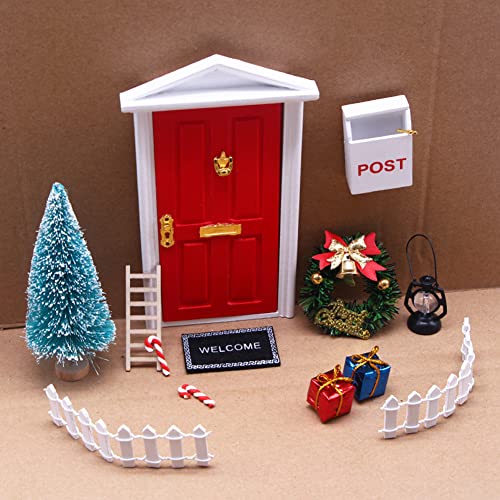 LICHENGTAI Juego de Puerta de Navidad en Miniatura, Puerta de Elfo Árbol de Navidad, Accesorios Casa De Miniaturas Muñecas Navidad, Escalera Felpudo Escoba, Mini Decoración Navidad