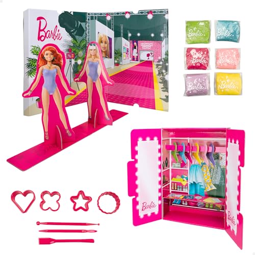 Liscianigiochi , Barbie Glitter Dough Desfile de moda, 600 g de plastilina con purpurina y kit creativo, 88867 - Juego creativo para niñas a partir de 4 años