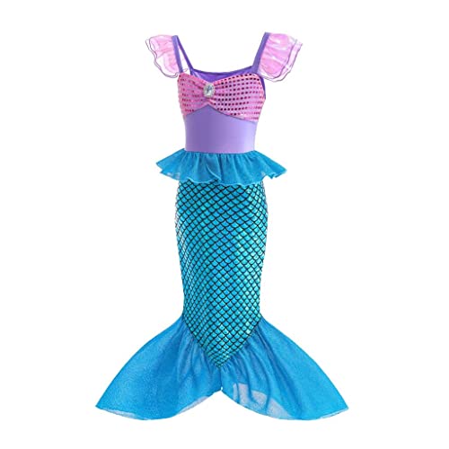 Lito Angels Disfraz Vestido Sirenita Princesa Ariel Sirena con Peluca de Pelo para Niñas Talla 7-8 años, Azul Morado (Número de etiqueta 140)