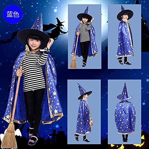 LJSW - Disfraz de bruja de Halloween, capa de hechicero con sombrero, capa de mago y sombrero para niños, para niños y niñas fiesta cosplay. (Azul)