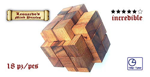 Logica Juegos Art. Mega Piedra Amoladora - Mega Burr Puzzle - Rompecabezas de Madera 3D - Dificultad 5/6 Increíble - Colección Leonardo da Vinci