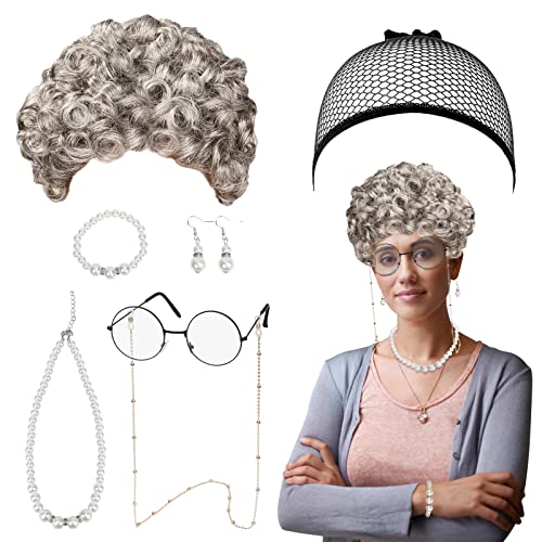 LOOPES - Juego de 7 piezas de accesorios para disfraz de anciano con peluca de abuela, gorro de peluca, gafas de disfraz y accesorios de cuentas para fiesta de Halloween, escenario retro, cosplay