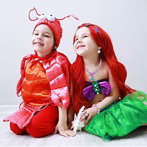 LOOPES Juego de 7 piezas de disfraz de sirena, peluca larga rizada roja de princesa con temática de sirena, accesorios de joyería para niños, niñas, cosplay, Halloween, carnaval, fiesta de cumpleaños