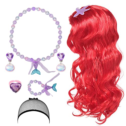 LOOPES Juego de 7 piezas de disfraz de sirena, peluca larga rizada roja de princesa con temática de sirena, accesorios de joyería para niños, niñas, cosplay, Halloween, carnaval, fiesta de cumpleaños