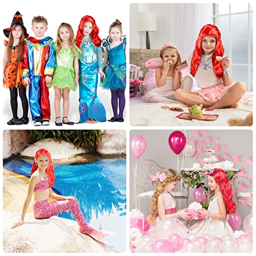 LOOPES Juego de 7 piezas de disfraz de sirena, peluca larga rizada roja de princesa con temática de sirena, accesorios de joyería para niños, niñas, cosplay, Halloween, carnaval, fiesta de cumpleaños