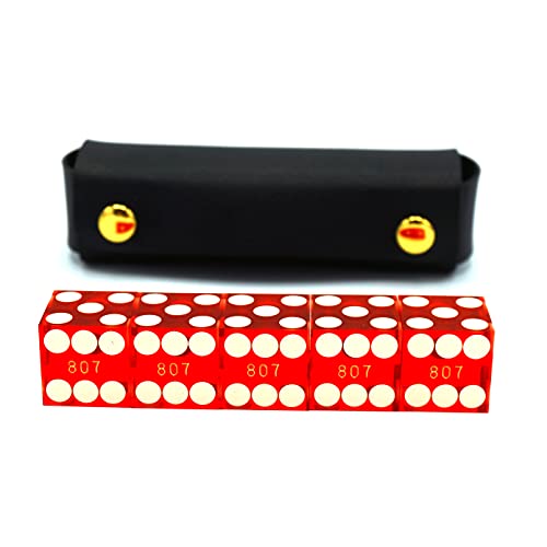 Luck Lab Dados de casino de grado AAA de 19 mm con bordes de afeitar y números de serie a juego, juego de 5 y funda de dados de cuero (rojo)