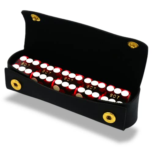 Luck Lab Dados de casino de grado AAA de 19 mm con bordes de afeitar y números de serie a juego, juego de 5 y funda de dados de cuero (rojo)