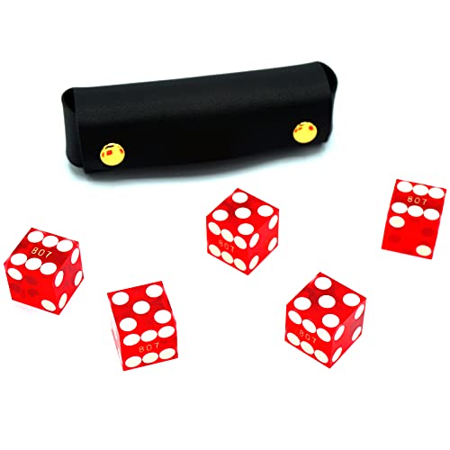 Luck Lab Dados de casino de grado AAA de 19 mm con bordes de afeitar y números de serie a juego, juego de 5 y funda de dados de cuero (rojo)