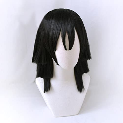 Lwiuentx Anime Cosplay Iguro Obanai Peluca Negra Recta para Fiesta de Halloween + Gorro de Peluca Gratis