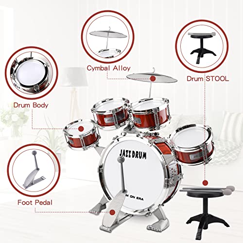 m zimoon Batería de música para niños Kit, Juego Tambor Jazz Junior 5 Tambores con Taburete Para Instrumento Musical de Percusión Día ​Festivo Regalo uguete Educativo Por Niños Y Niñas Principiantes