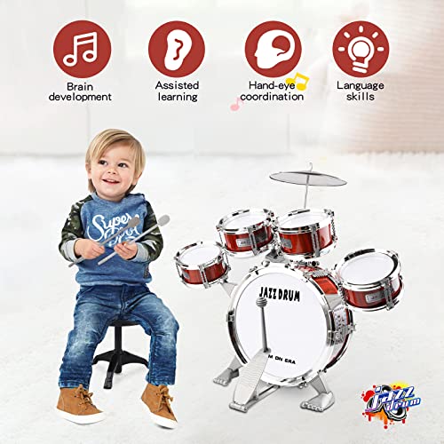 m zimoon Batería de música para niños Kit, Juego Tambor Jazz Junior 5 Tambores con Taburete Para Instrumento Musical de Percusión Día ​Festivo Regalo uguete Educativo Por Niños Y Niñas Principiantes