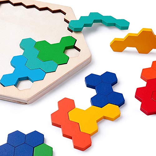 Madera Hexágono Rompecabezas de Juguete de Juguete Educativo Montessori de Bloque de Forma de Tangram Lógica de Geometría Colorida Juguete para Niños