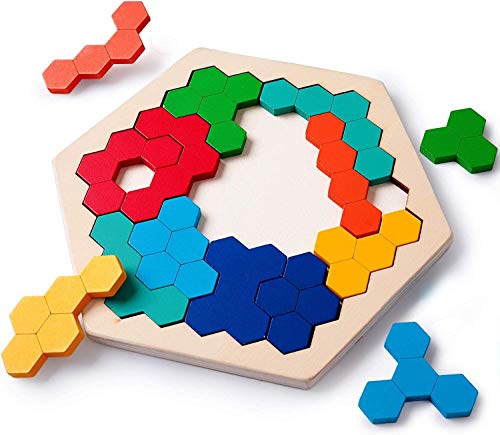 Madera Hexágono Rompecabezas de Juguete de Juguete Educativo Montessori de Bloque de Forma de Tangram Lógica de Geometría Colorida Juguete para Niños