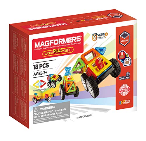 Magformers Wow Plus Magnetic Building Blocks Toy. Makes 30 Different Cars with Detachable Race Driver. Stem Toy with 18 Pieces., 70702