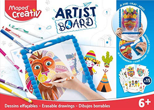 Maped - Set de Manualidades para Niños - Kit de Dibujos Borrables Máscaras - Apto a Partir de 6 Años - Incluye 1 Pizarra Transparente, 1 Paño, 15 Fichas de Actividades, 10 Rotuladores y 1 Borrador