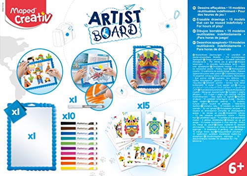 Maped - Set de Manualidades para Niños - Kit de Dibujos Borrables Máscaras - Apto a Partir de 6 Años - Incluye 1 Pizarra Transparente, 1 Paño, 15 Fichas de Actividades, 10 Rotuladores y 1 Borrador