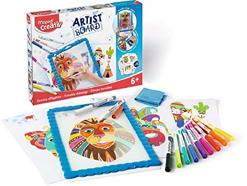 Maped - Set de Manualidades para Niños - Kit de Dibujos Borrables Máscaras - Apto a Partir de 6 Años - Incluye 1 Pizarra Transparente, 1 Paño, 15 Fichas de Actividades, 10 Rotuladores y 1 Borrador