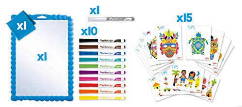 Maped - Set de Manualidades para Niños - Kit de Dibujos Borrables Máscaras - Apto a Partir de 6 Años - Incluye 1 Pizarra Transparente, 1 Paño, 15 Fichas de Actividades, 10 Rotuladores y 1 Borrador