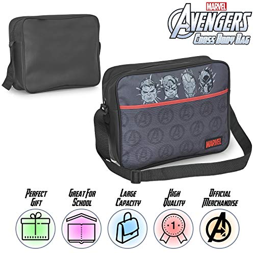 Marvel Avengers Mochila Bandolera Negra con Captain America, Iron Man Hulk y Black Panther | Bolso Bandolera Grande de Superhéroes con Correa Larga para Portátil | Bolso Mochila Hombre y Niño