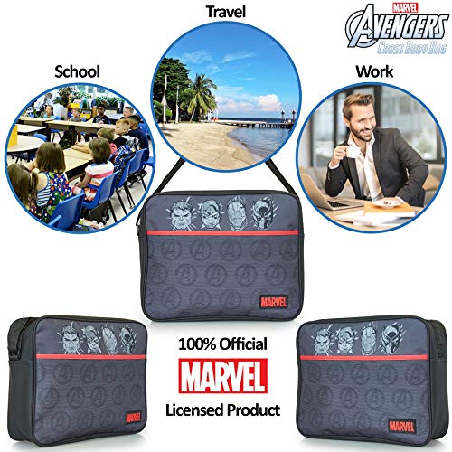 Marvel Avengers Mochila Bandolera Negra con Captain America, Iron Man Hulk y Black Panther | Bolso Bandolera Grande de Superhéroes con Correa Larga para Portátil | Bolso Mochila Hombre y Niño