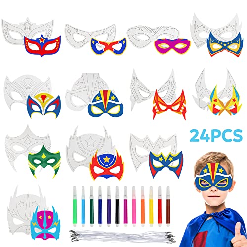 Máscaras de Superhéroe Niño, 24 Piezas Blanco Máscaras para Colorear con Bolígrafos, Superhéroe Máscaras de Fiesta, Máscara de Cosplay para Infantil Adultos Cumpleaños, Carnaval, Halloween, Navidad