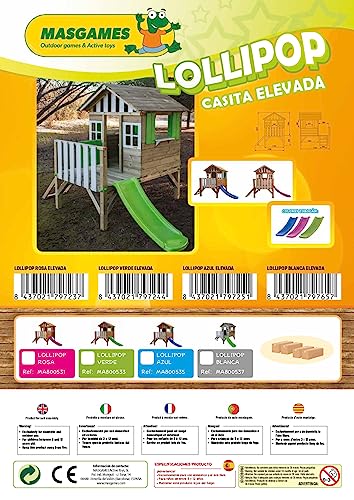 | MASGAMES | Casita Infantil de Madera elevada Lollipop | con tobogán a Juego | Altura Plataforma 59,5 cm | Madera tratada | (Azul)