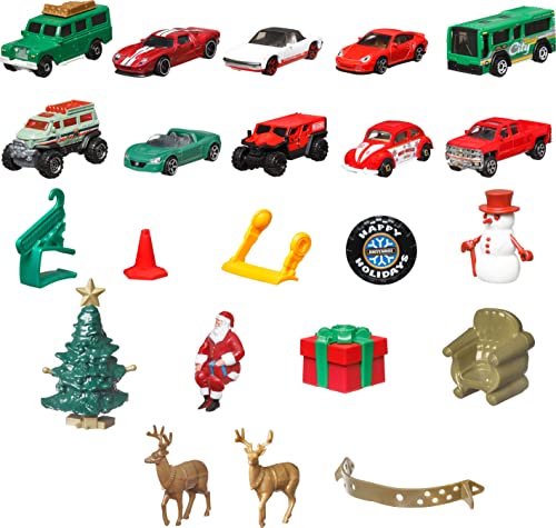 Matchbox - Coches, calendario de Adviento, 24 sorpresas detrás de cada puerta, 10 coches de juguete de fundición a escala 1:64 y 14 accesorios invernales, HLH04