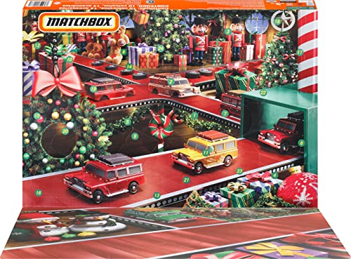 Matchbox - Coches, calendario de Adviento, 24 sorpresas detrás de cada puerta, 10 coches de juguete de fundición a escala 1:64 y 14 accesorios invernales, HLH04