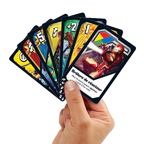 Mattel Games - UNO Ultimate Marvel - El icónico juego con 4 cartas laminadas coleccionables y superhéroes Marvel incluyendo Black Panther, Captain Marvel, Iron Man y Thor, juguete para niños, 7+ años,