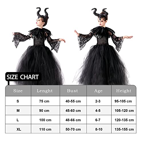 MAXHJX Disfraz Maléfica para Niñas, Bruja Negra Halloween Juegos de rol Vestidos con Cuernos Diadema Alas de ángel Cuento de Hadas Princesa Carnaval Cospaly Trajes de Fiesta (M 105-120 cm)