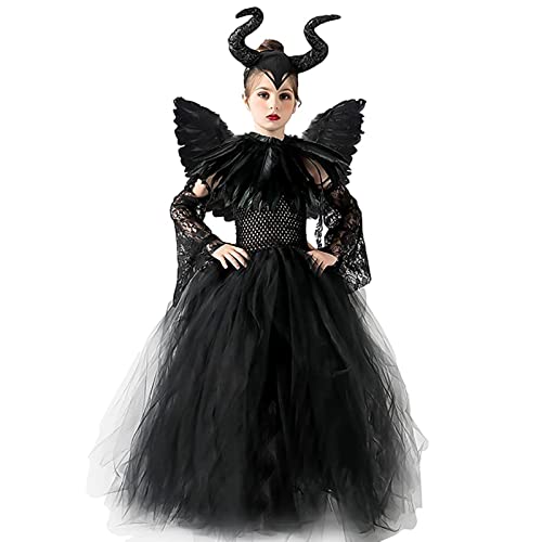 MAXHJX Disfraz Maléfica para Niñas, Bruja Negra Halloween Juegos de rol Vestidos con Cuernos Diadema Alas de ángel Cuento de Hadas Princesa Carnaval Cospaly Trajes de Fiesta (M 105-120 cm)