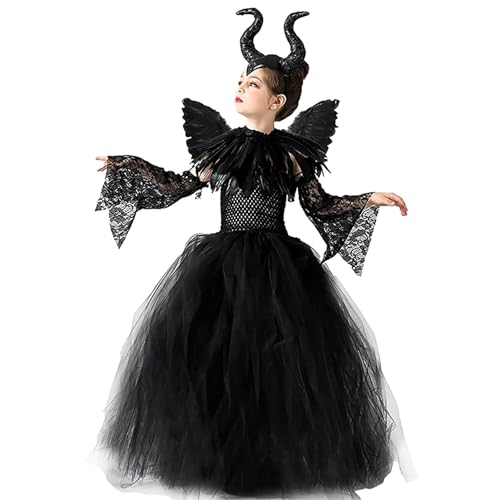 MAXHJX Disfraz Maléfica para Niñas, Bruja Negra Halloween Juegos de rol Vestidos con Cuernos Diadema Alas de ángel Cuento de Hadas Princesa Carnaval Cospaly Trajes de Fiesta (M 105-120 cm)