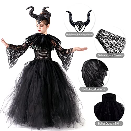 MAXHJX Disfraz Maléfica para Niñas, Bruja Negra Halloween Juegos de rol Vestidos con Cuernos Diadema Alas de ángel Cuento de Hadas Princesa Carnaval Cospaly Trajes de Fiesta (M 105-120 cm)