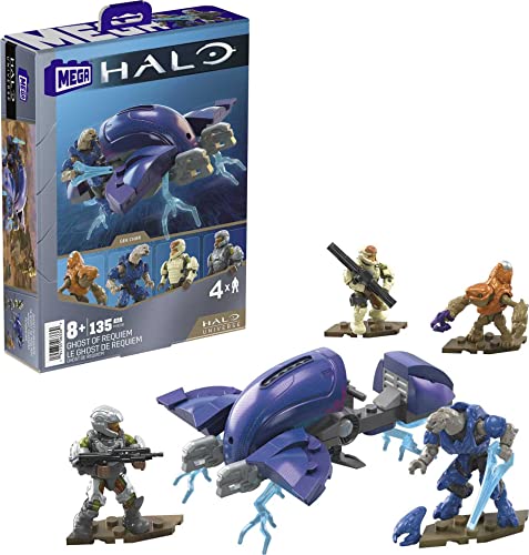 MEGA HALO Toys - Juego de construcción de vehículos, avión Ghost of Requiem con 135 piezas, 4 figuras de acción micro articulables y accesorios, ideas de regalo