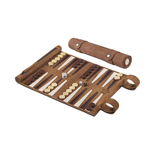 Melia Games Backgammon de Viaje - Backgammon Hecho de Cuero - Fichas de Madera (Whiskey)