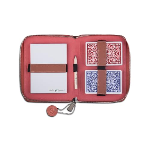 Melia Games Playing Cards Set Deluxe - Estuches para Barajas de Cartas - Juego de Naipes Cuero Hecho a Mano (Designer Edition) (Coral Red)