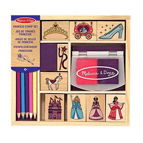 Melissa & Doug Sellos de princesa, Juguete creativo para niños o niñas de 3,4,5,6,7 años, Juego de sellos de madera, 9 sellos, 2 almohadillas de tinta 5 lapices de colores