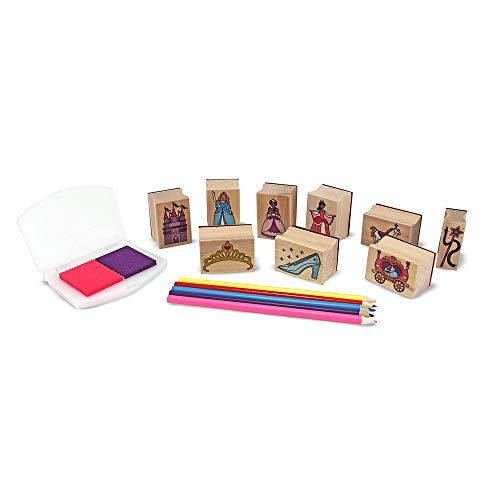 Melissa & Doug Sellos de princesa, Juguete creativo para niños o niñas de 3,4,5,6,7 años, Juego de sellos de madera, 9 sellos, 2 almohadillas de tinta 5 lapices de colores