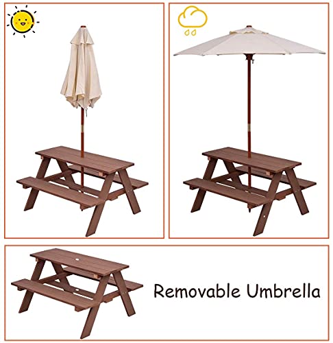 Mesa de Picnic para niños, Banco de Madera para jardín con sombrilla extraíble, Juego de sombrilla para Muebles de Exterior para niños