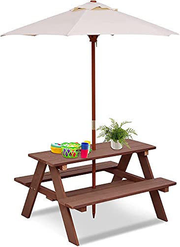 Mesa de Picnic para niños, Banco de Madera para jardín con sombrilla extraíble, Juego de sombrilla para Muebles de Exterior para niños