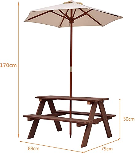 Mesa de Picnic para niños, Banco de Madera para jardín con sombrilla extraíble, Juego de sombrilla para Muebles de Exterior para niños