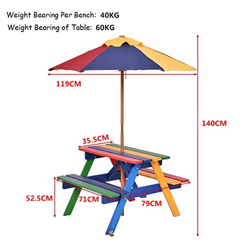 Mesa de Picnic para niños, Banco de Madera para jardín con sombrilla extraíble, sombrilla para Muebles de Exterior para niños