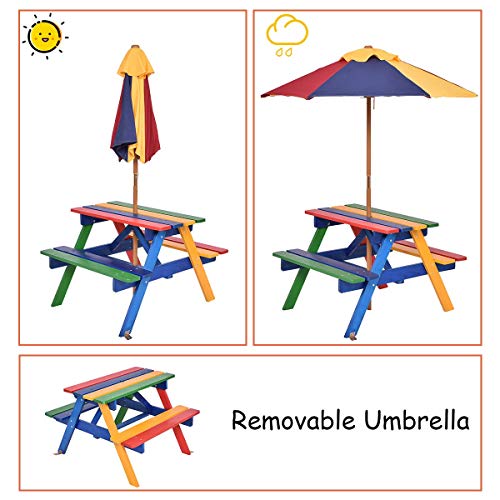 Mesa de Picnic para niños, Banco de Madera para jardín con sombrilla extraíble, sombrilla para Muebles de Exterior para niños