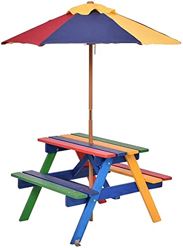 Mesa de Picnic para niños, Banco de Madera para jardín con sombrilla extraíble, sombrilla para Muebles de Exterior para niños