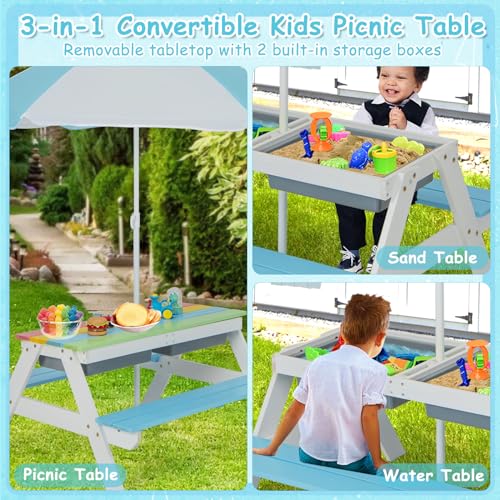 Mesa de Picnic para niños, Mesa de Juego de Agua y Arena de Madera 3 en 1 y Juego de Banco, Muebles de jardín para niños, sombrilla (Colorido)