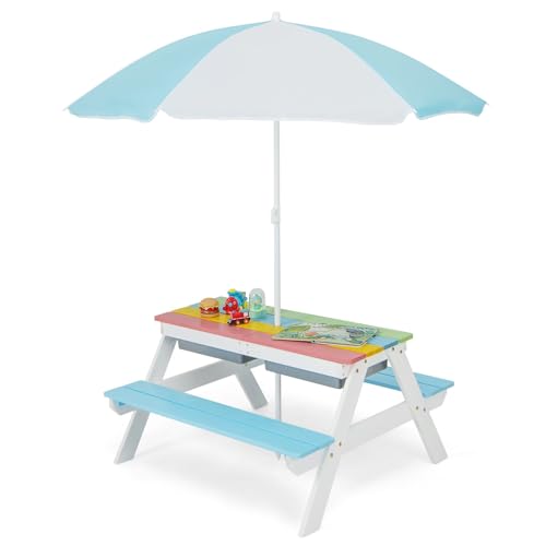 Mesa de Picnic para niños, Mesa de Juego de Agua y Arena de Madera 3 en 1 y Juego de Banco, Muebles de jardín para niños, sombrilla (Colorido)